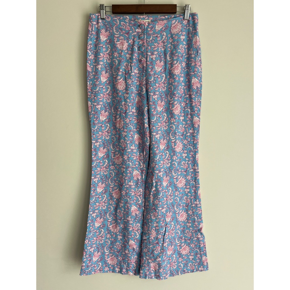 Versona Blue Pink Floral Paisley Linen Blend Wide Leg Pants Womens Size 6